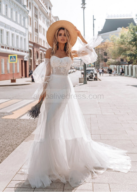 Beaded Ivory Lace Tulle Wedding Dress With Detachable Sleeves
